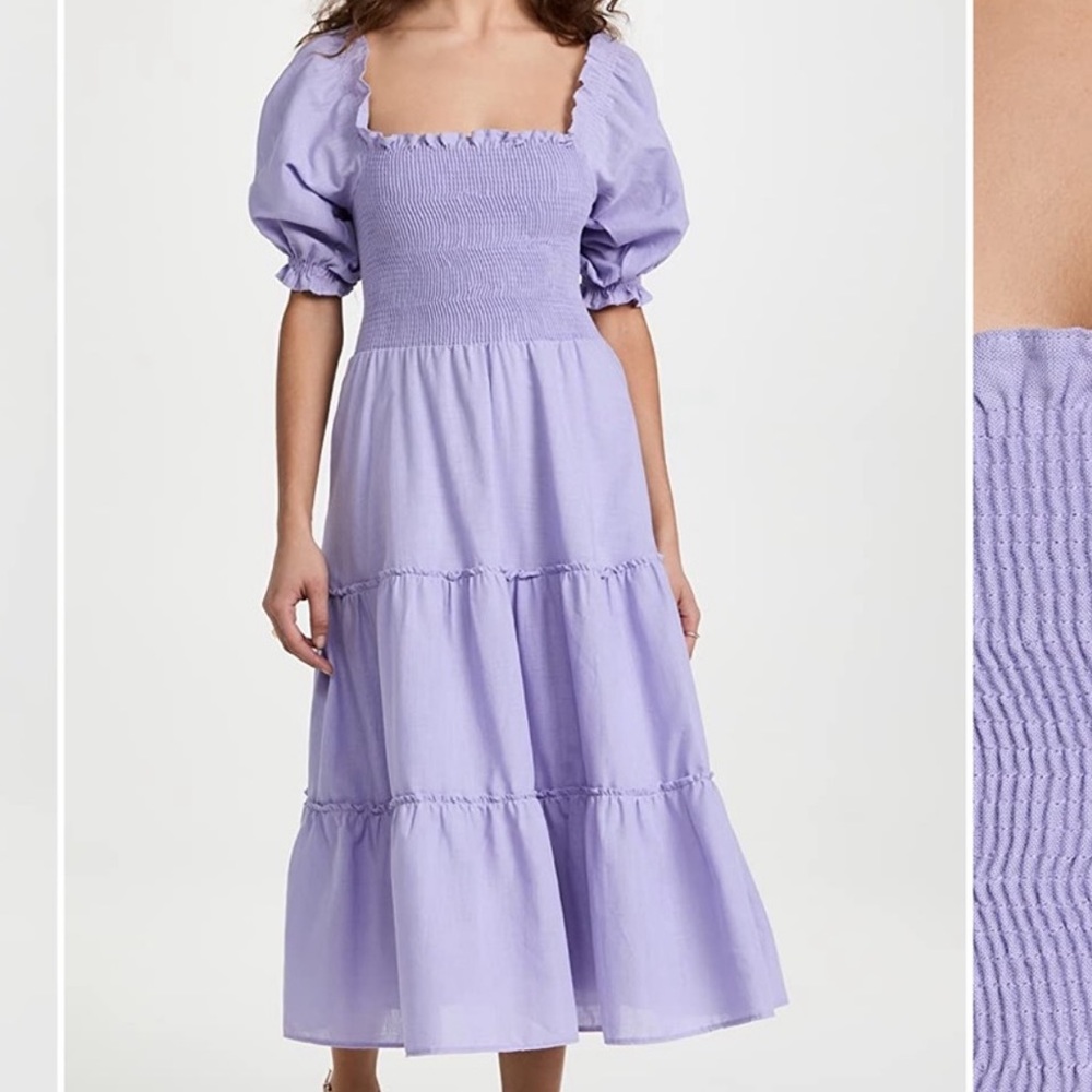 Peixoto lilac / purple smocked bodice puff sleeve dress. Size M.
